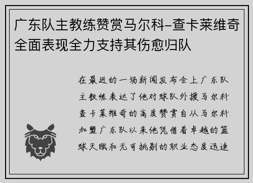 广东队主教练赞赏马尔科-查卡莱维奇全面表现全力支持其伤愈归队