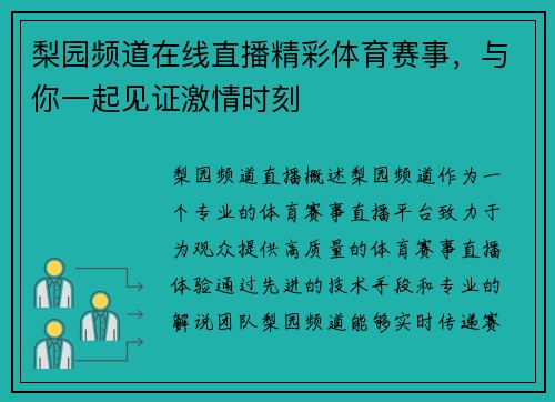 梨园频道在线直播精彩体育赛事，与你一起见证激情时刻