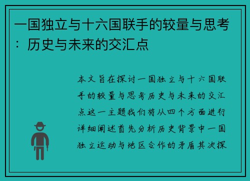 一国独立与十六国联手的较量与思考：历史与未来的交汇点