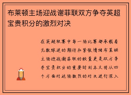 布莱顿主场迎战谢菲联双方争夺英超宝贵积分的激烈对决